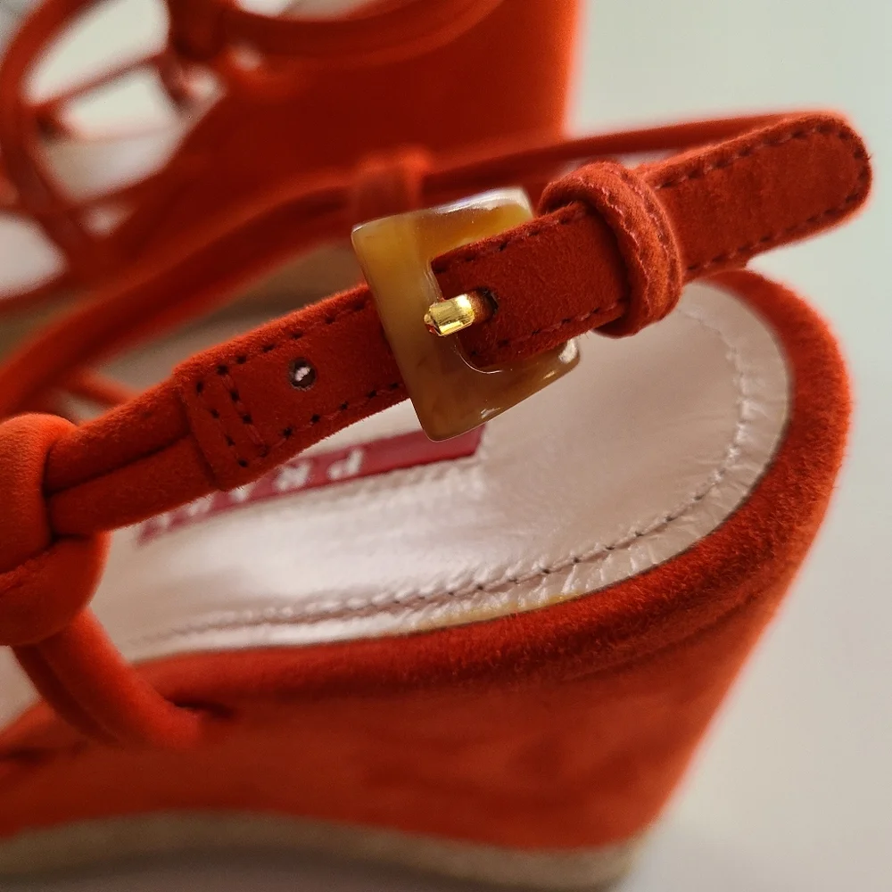 PRADA Platform Wedge Espadrille Strappy Sandal Orange-Red Suede 36 - Picture 6 of 9